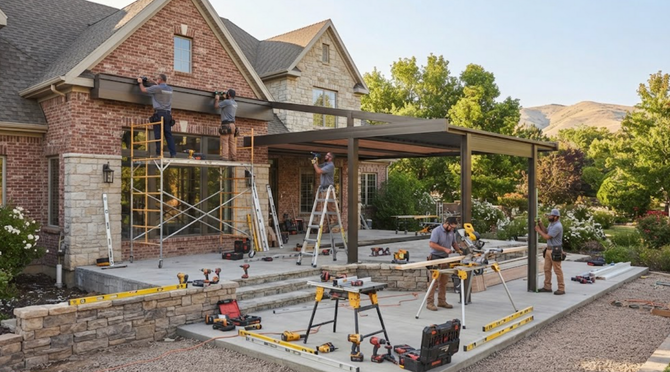 Workers building a patio and pergola beside a stone house during daylight