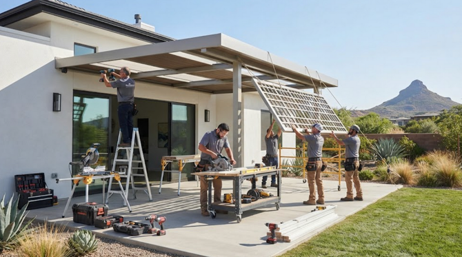 Workers building a wooden patio pergola beside a modern house with ladders, tools, and a mountain in the background