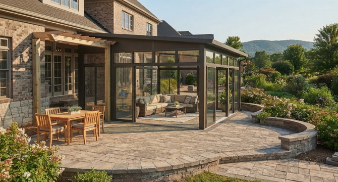 Stone patio with outdoor dining area and glass sunroom beside a house, overlooking a garden and hills