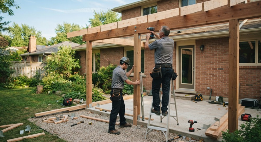 Two workers install wooden posts and beams on a backyard patio beside a brick house.