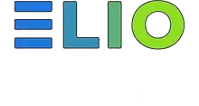 The word elio is written in blue and green on a white background.