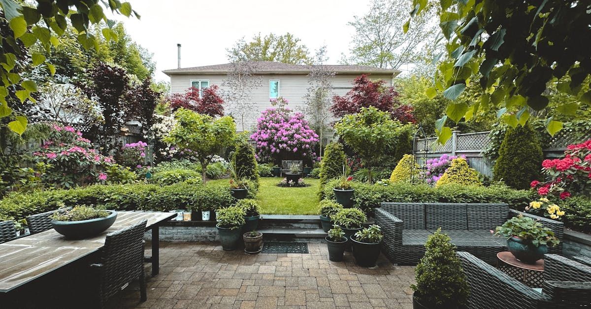 A patio with a table and chairs in a garden with a house in the background.