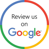 Circular Google review logo with text “Review us on Google” in black and multicolor letters
