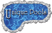Unique Pools logo with white text over a blue water texture and gray stone border