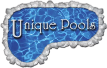 Unique Pools logo with white text over a blue water texture and gray stone border