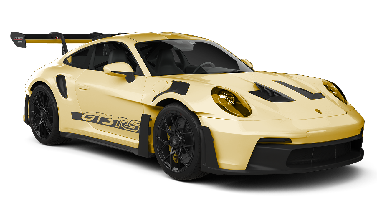 A yellow porsche 911 gt3 rs with a wing on a white background.
