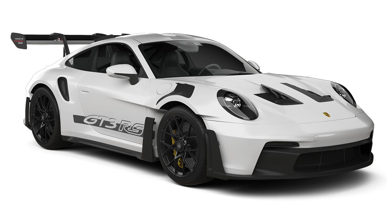 A white porsche 911 gt3 rs with a wing on a white background.