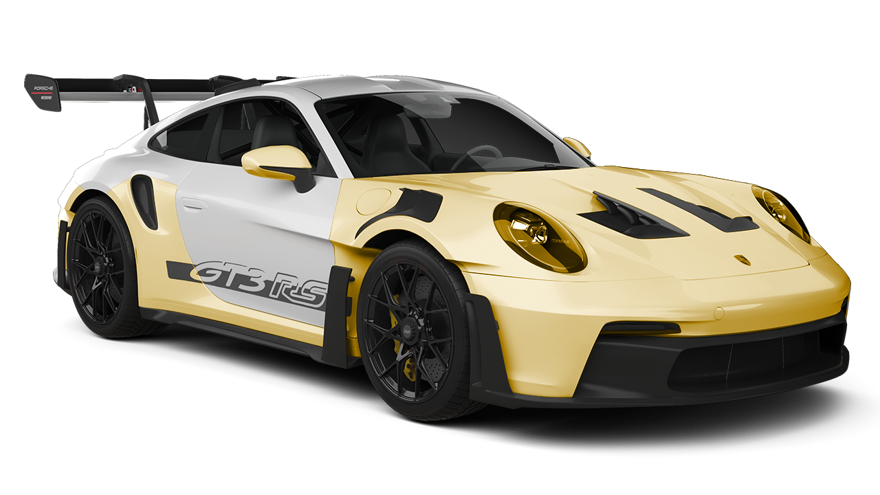 A yellow and white porsche 911 gt3 rs with a wing on a white background.