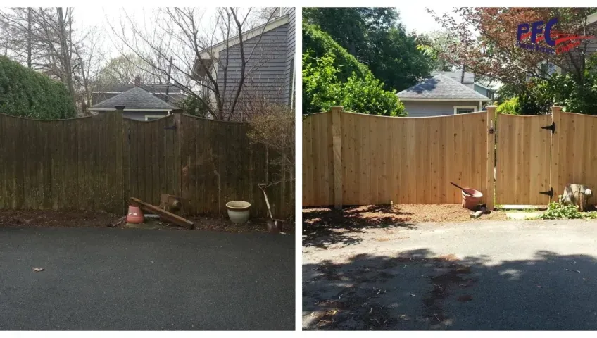 A before and after photo of a wooden fence.
