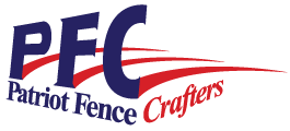 The logo for patriot fence crafters is blue and red