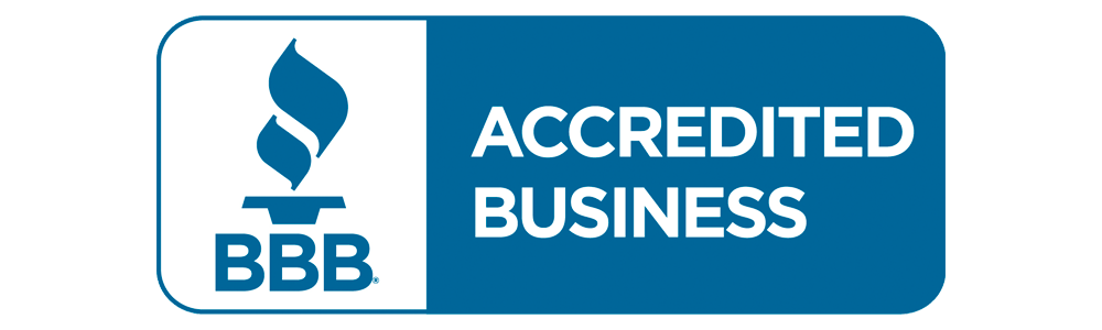 A blue and white sign that says accredited business