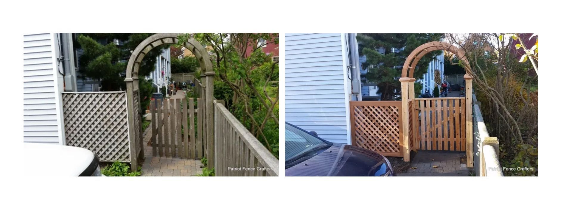 A before and after picture of a wooden gate