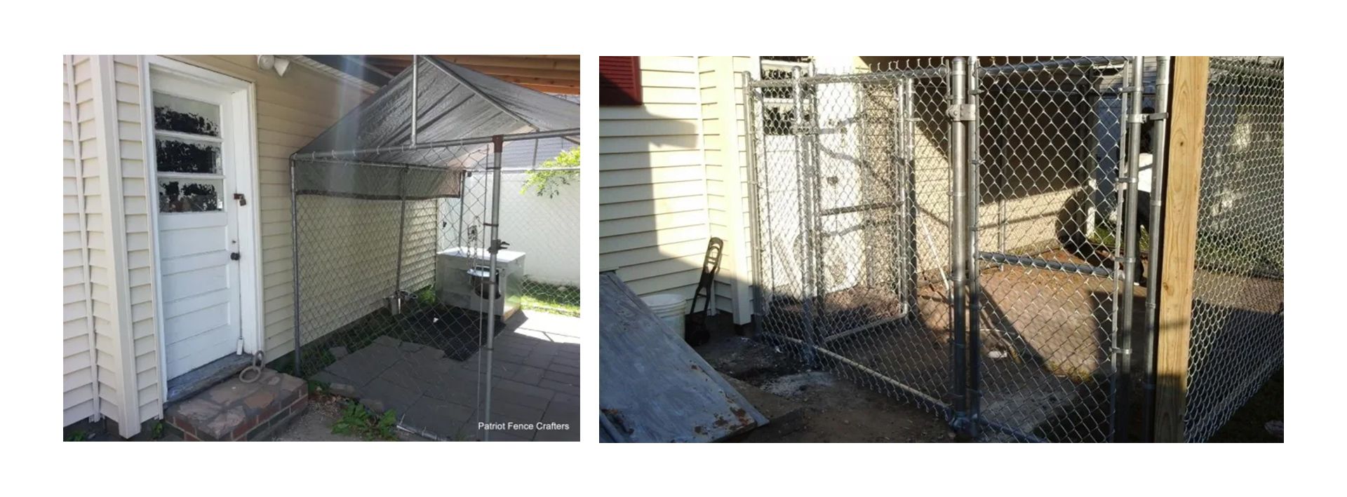 Two pictures of a house with a patio and a fence.