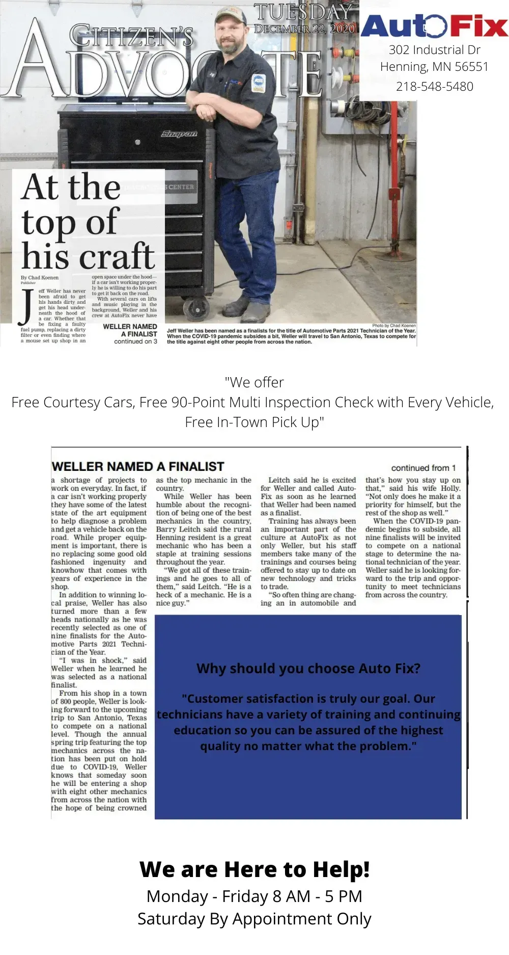 Automotive Parts 2021 Technician of the Year - Citizen's Advocate  from Auto Fix in Ottertail, MN