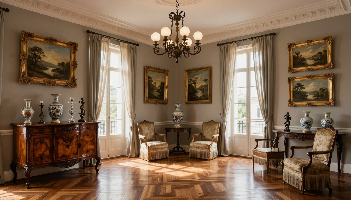 Elegante salón de estilo vintage con lámpara de araña, muebles ornamentados, suelo de parquet y cuadros enmarcados
