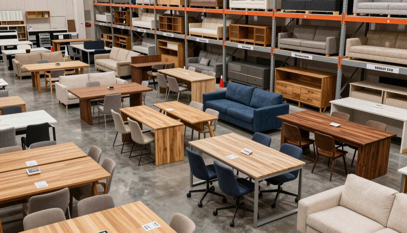 Sala de exposición de muebles con mesas, sillas y estanterías de madera, y sofás azules y beige