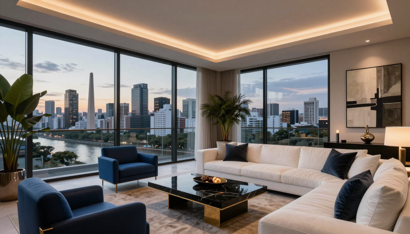 Salón moderno con sofá seccional blanco, sillones azules y vistas al perfil urbano al atardecer