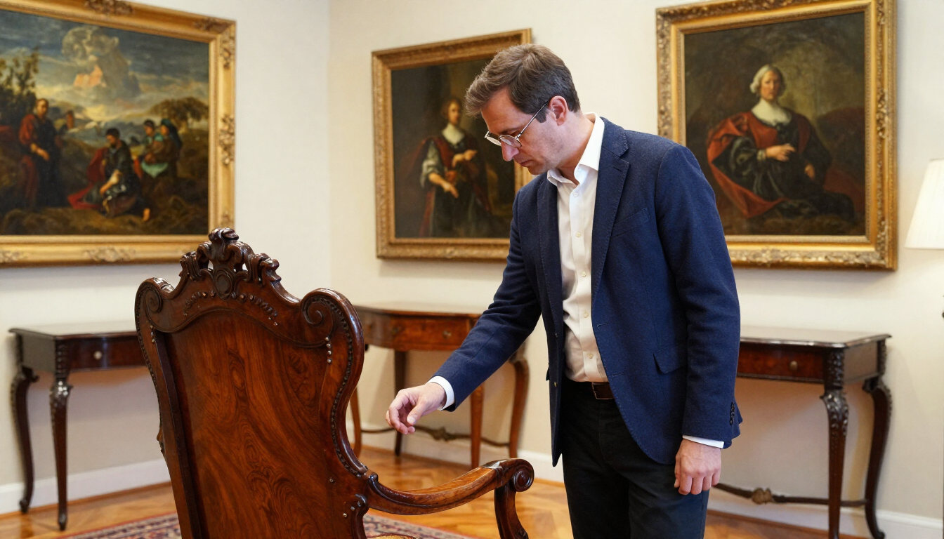 Un hombre con un blazer azul examinando una silla de madera ornamentada en una galería con cuadros enmarcados