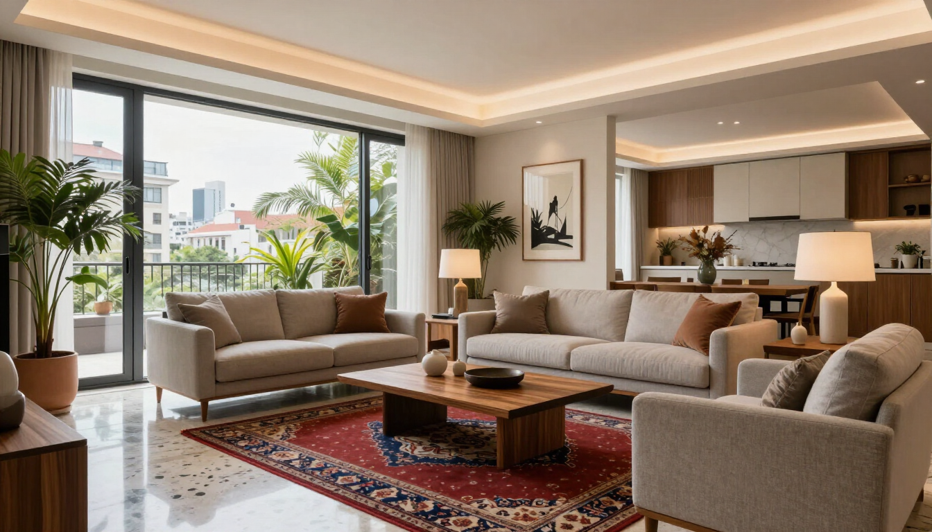 Moderno salón de concepto abierto con sofás beige, una alfombra roja estampada y vistas de la ciudad.