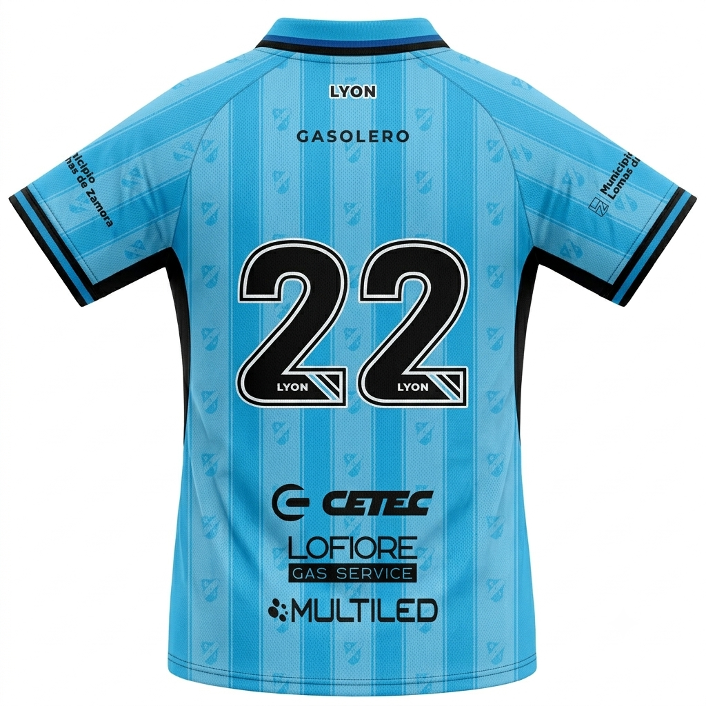 Camiseta de fútbol a rayas azul claro y negro con logotipos de patrocinadores y cuello tipo polo.
