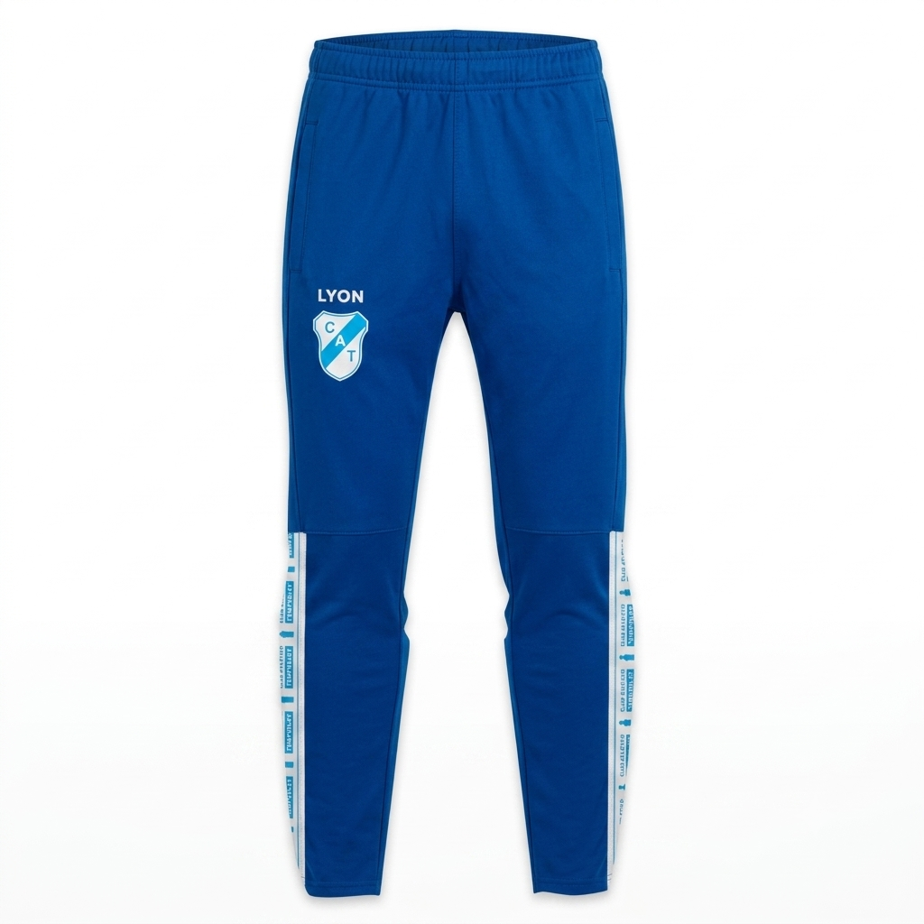 Pantalones deportivos azules de Lyon con rayas laterales blancas y detalles del logotipo.
