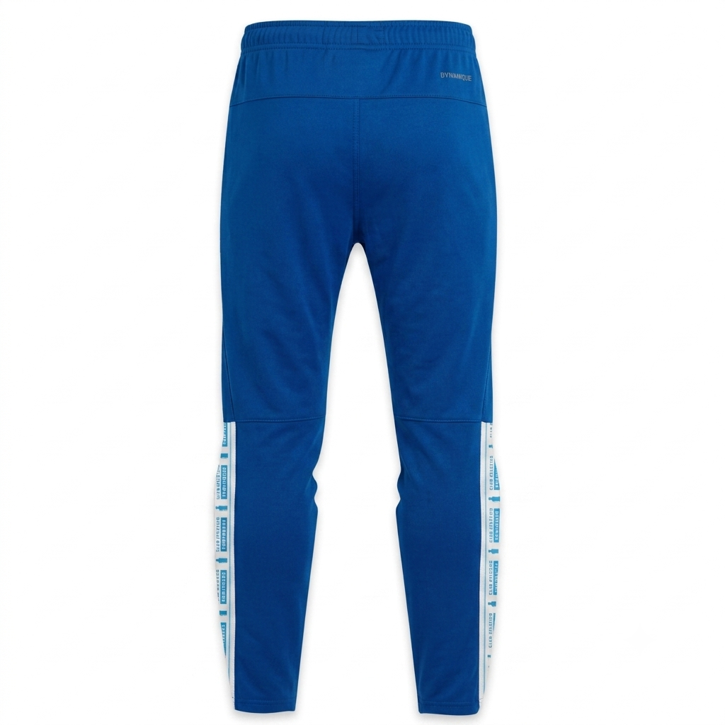 Pantalones deportivos azules de Lyon con rayas laterales blancas y detalles del logotipo.
