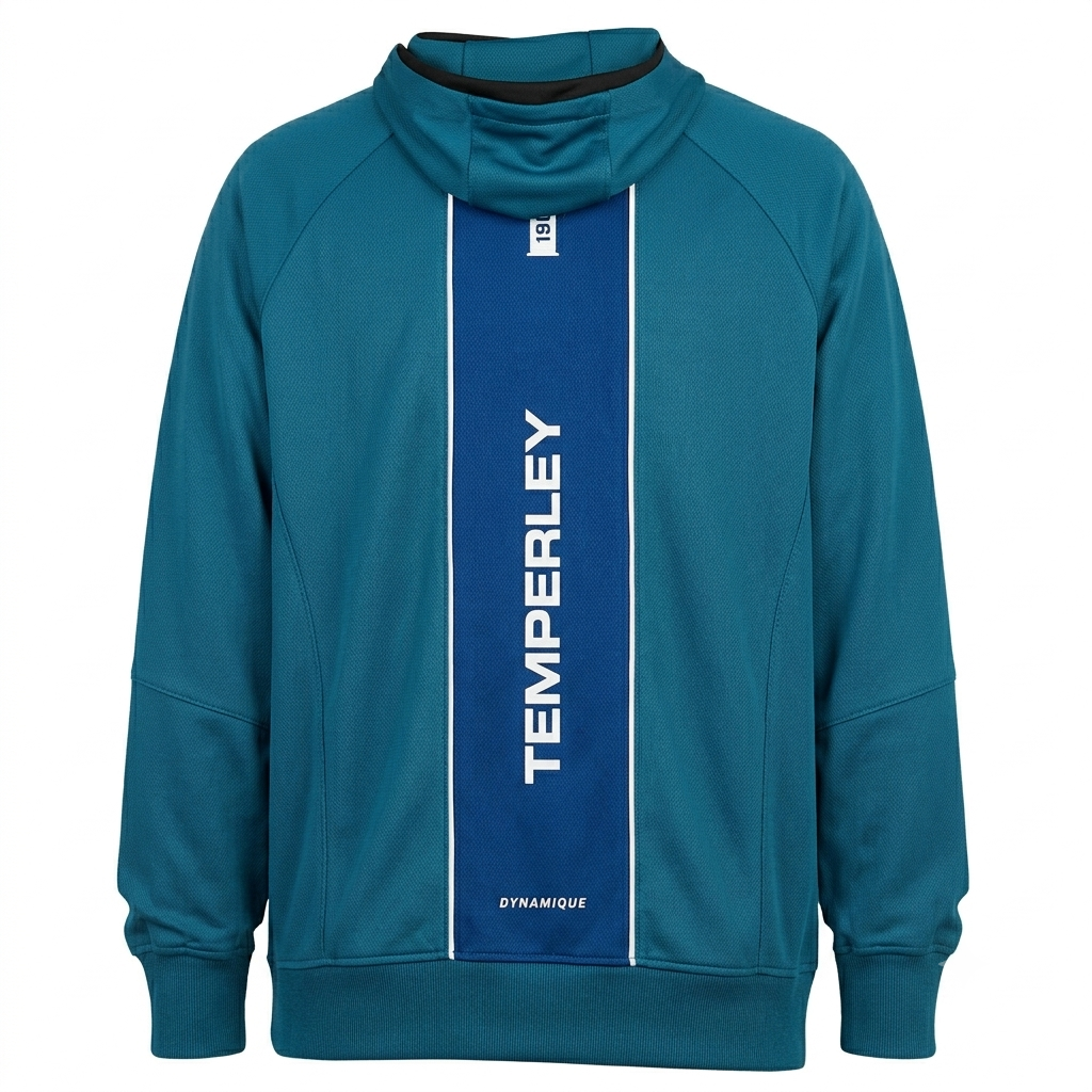 Chaqueta con capucha y cremallera de color verde azulado con cordones negros, texto 