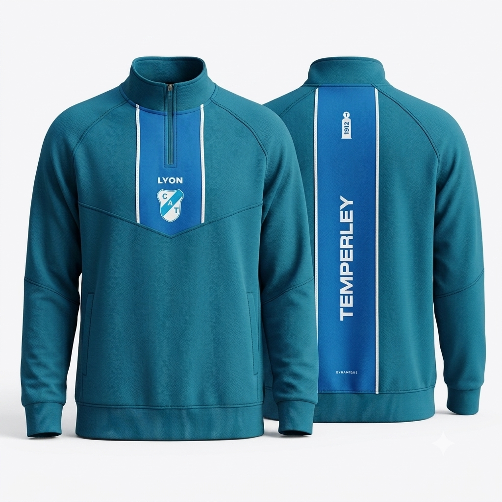 Sudadera de color verde azulado, con estampados verticales de Lyon y Temperley.