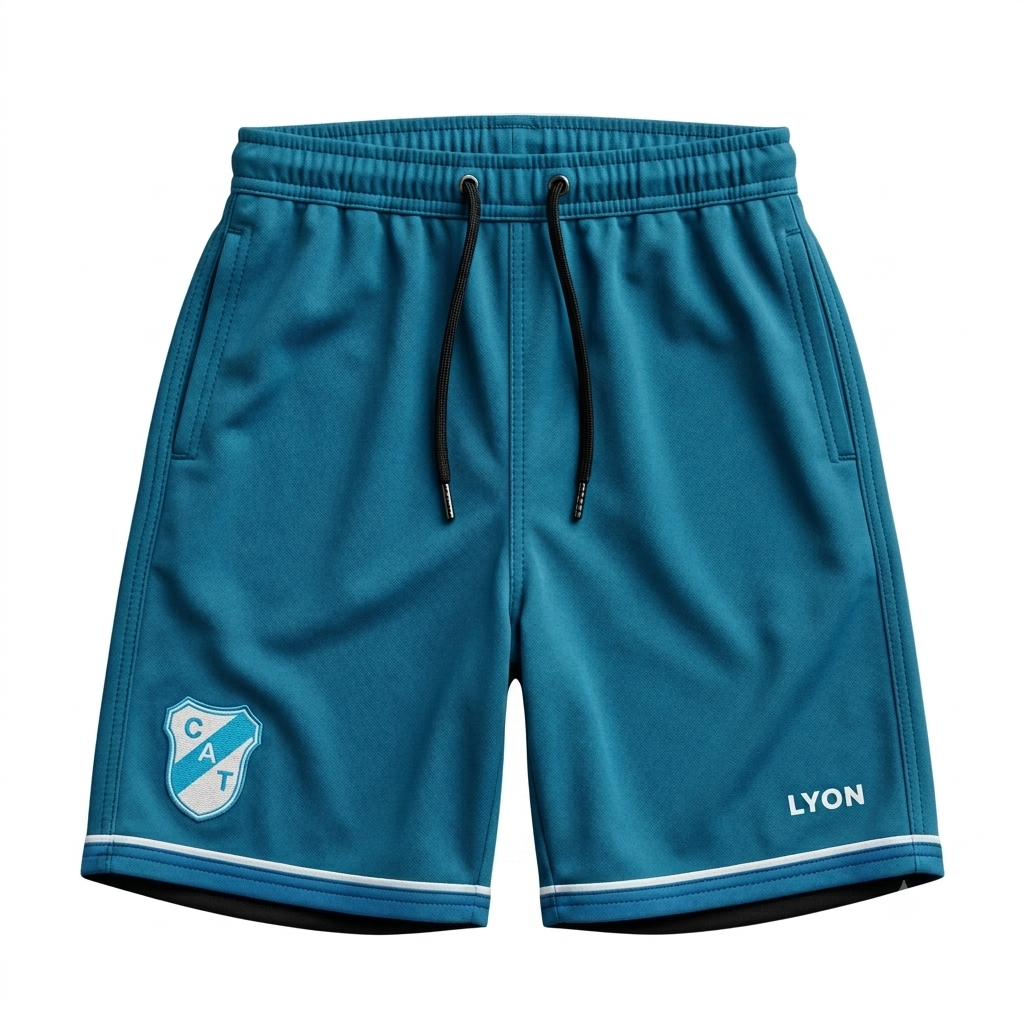 Pantalones cortos de fútbol del Lyon azules con cordones negros y ribete blanco en el dobladillo.