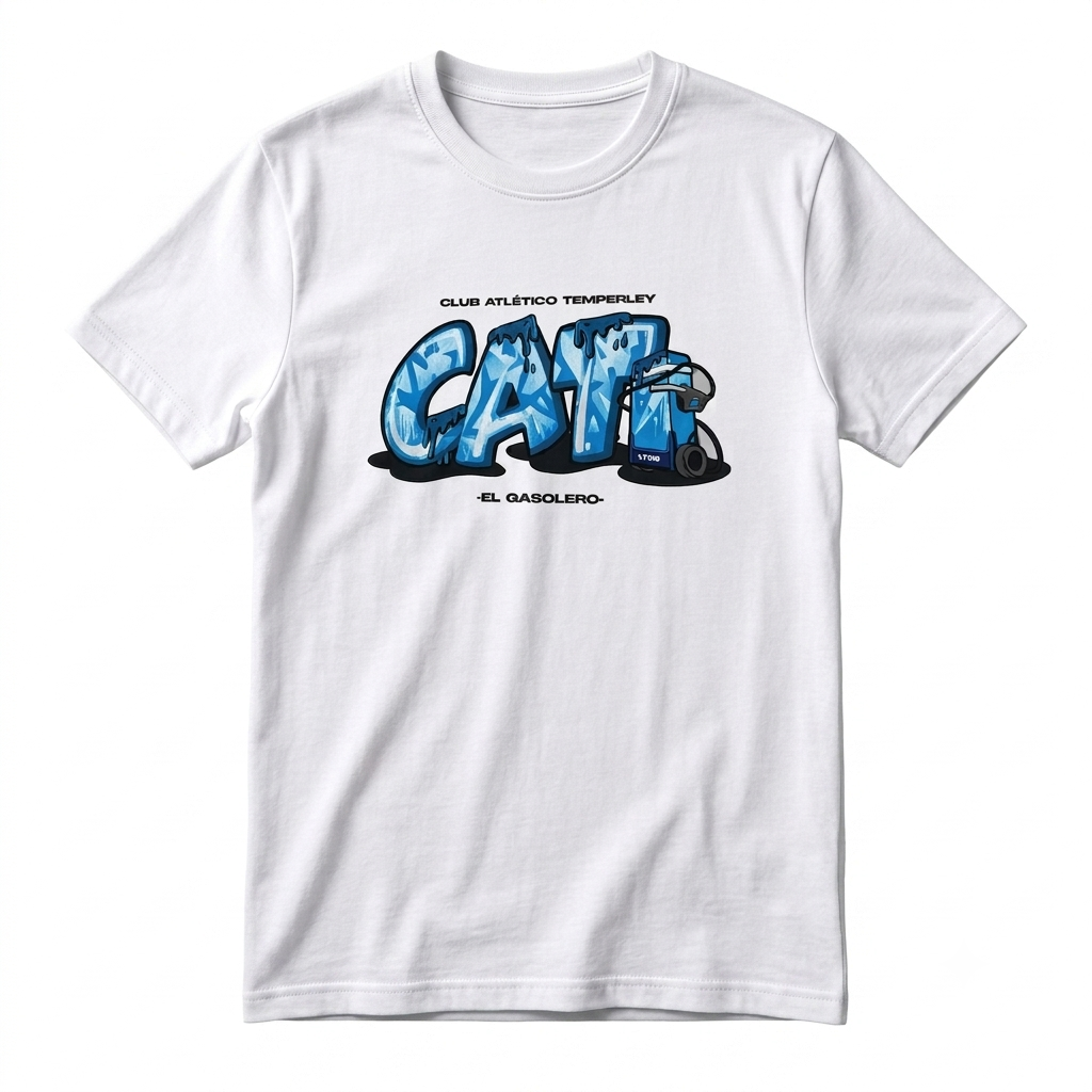 Camiseta blanca con el logotipo “CATR” en azul estilo grafiti en el pecho.