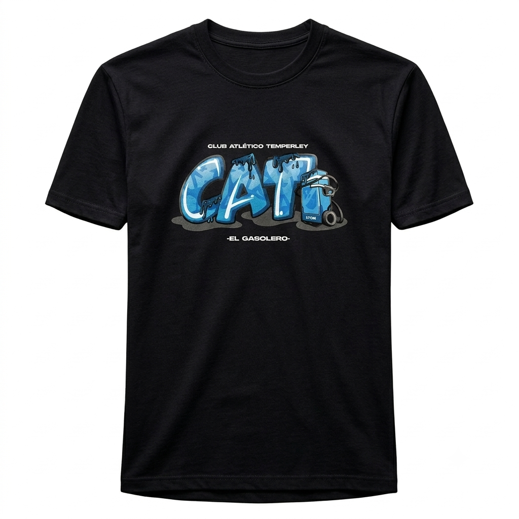 Camiseta negra con un gráfico azul estilo grafiti de 
