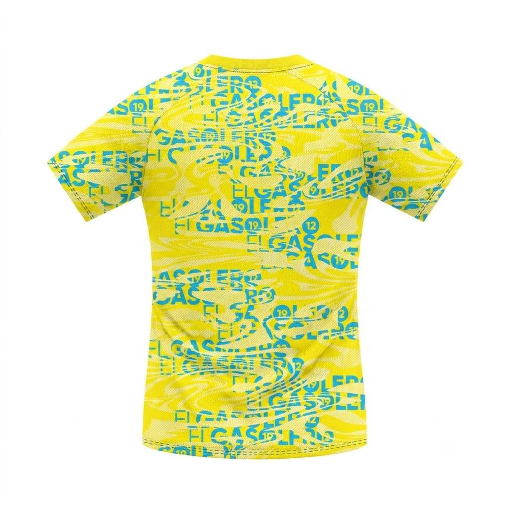Camiseta de fútbol del Lyon amarilla estampada con gráficos turquesa y escudo blanco sobre fondo liso.