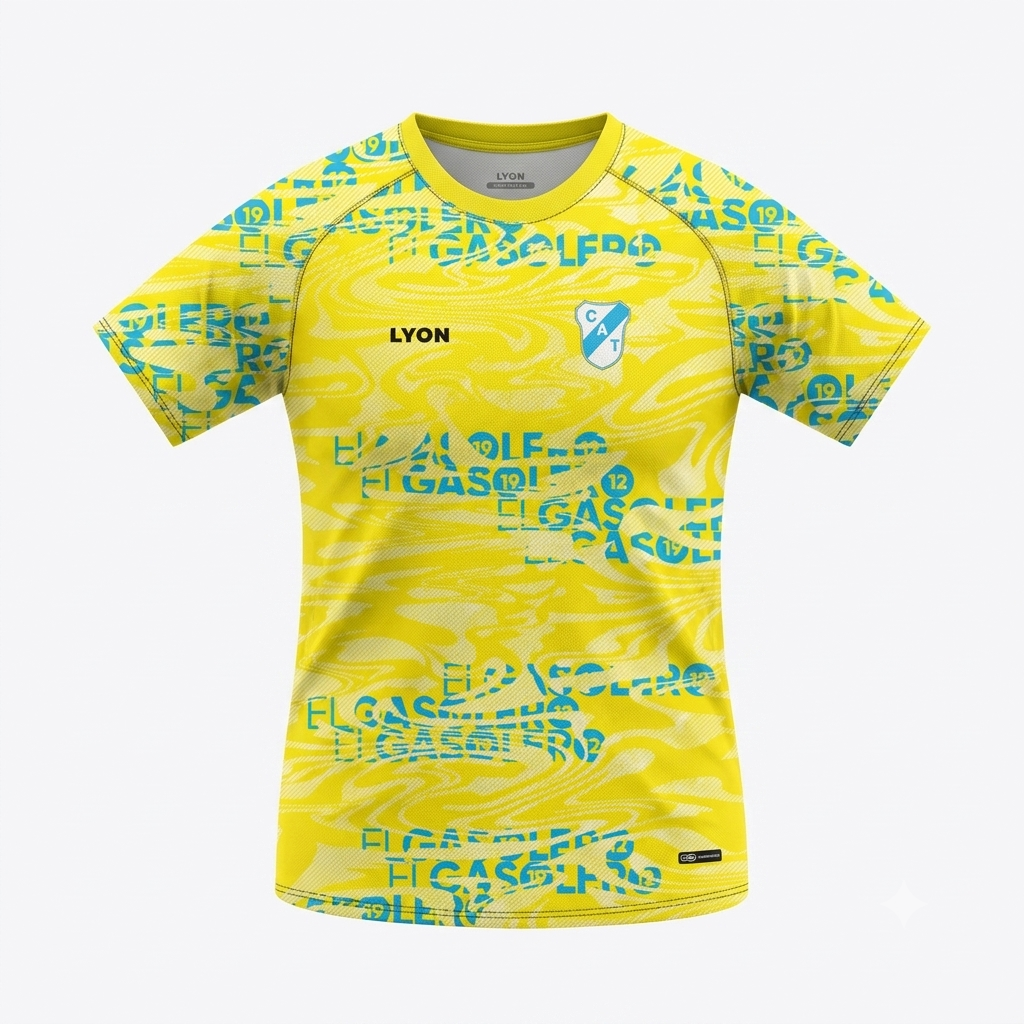 Camiseta de fútbol del Lyon amarilla estampada con gráficos turquesa y escudo blanco sobre fondo liso.