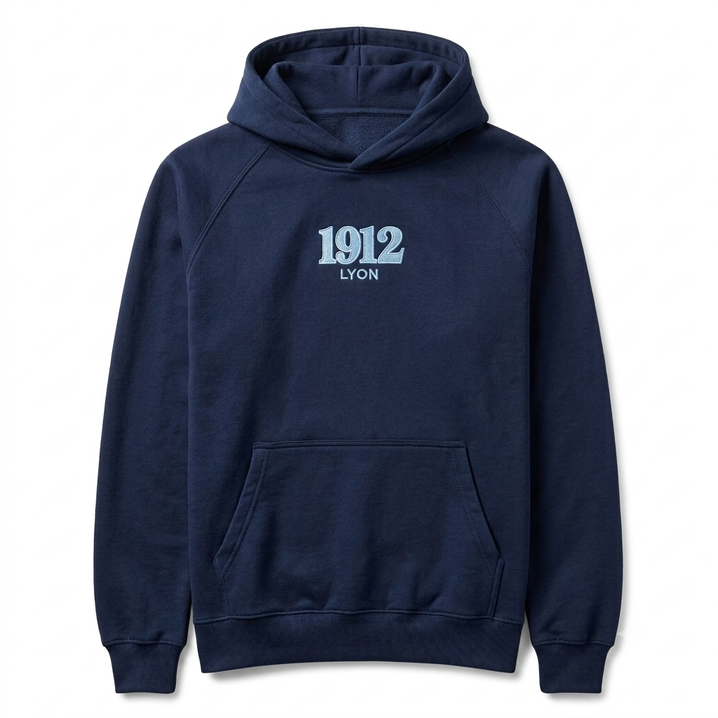 Sudadera con capucha azul marino con bolsillo delantero y texto azul claro 
