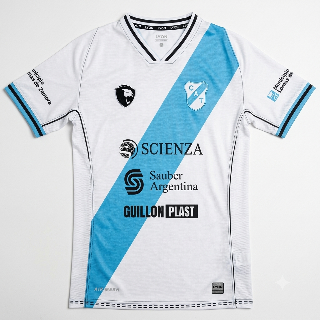 Camiseta de fútbol blanca con una franja diagonal azul claro y logotipos de patrocinadores en la parte delantera.