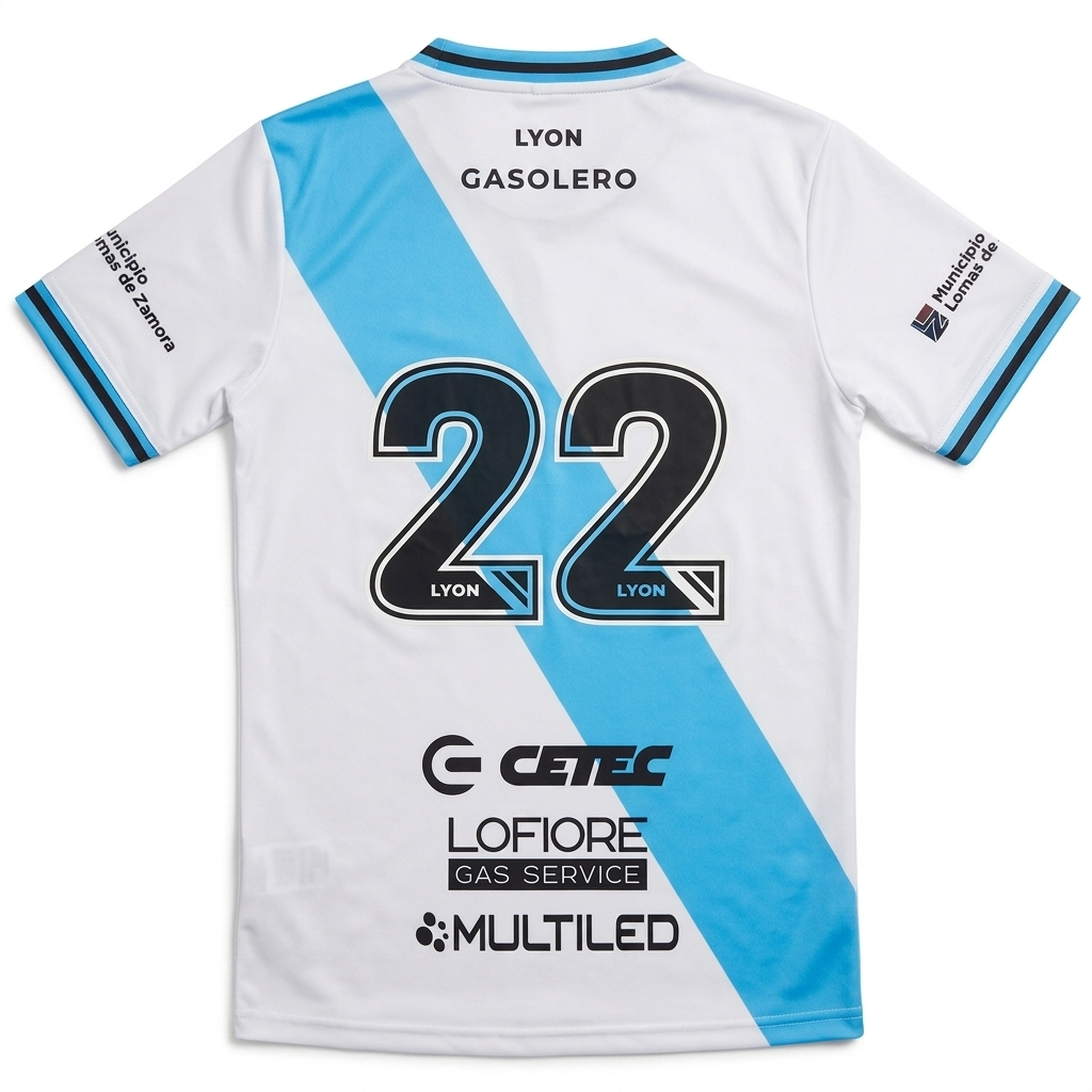 Camiseta de fútbol blanca con una franja diagonal azul claro y logotipos de patrocinadores en la parte delantera.