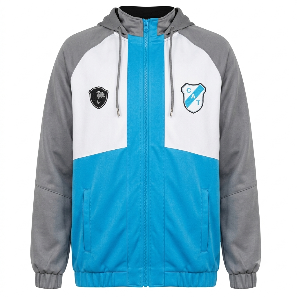 Chaqueta con capucha y cremallera en color gris, blanco y azul, con cordones negros y logotipos en el pecho.