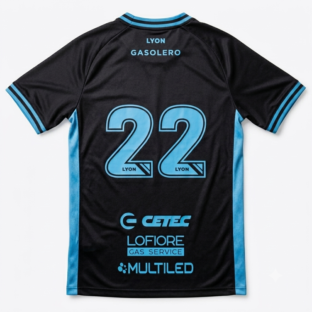 Camiseta de rugby negra con ribete turquesa y logotipos de patrocinadores, vista frontal sobre fondo blanco.