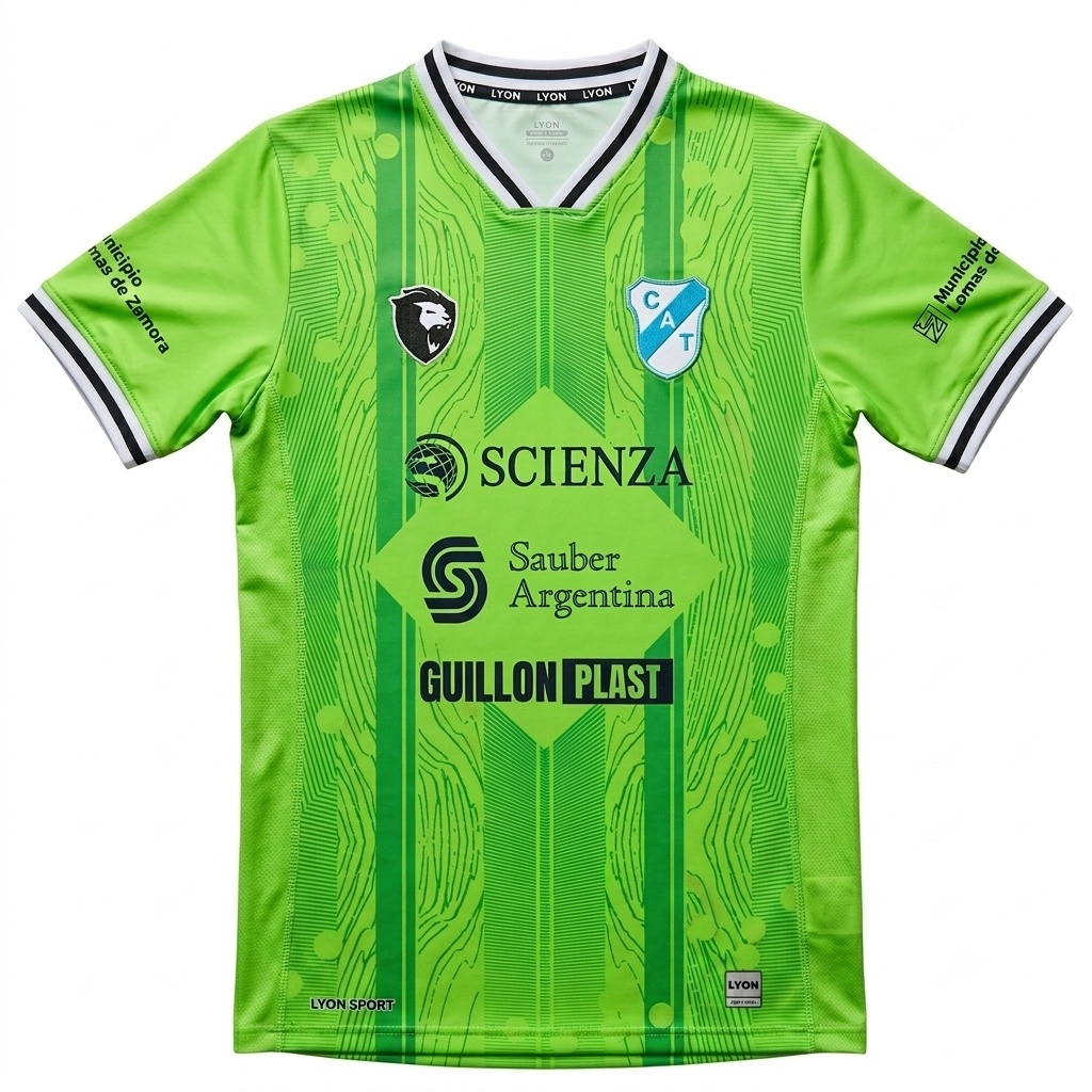 Camiseta de fútbol de rayas verde brillante con cuello en V blanco y varios logotipos de patrocinadores.