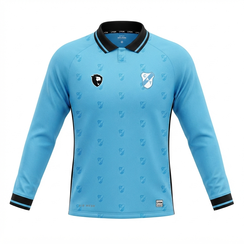 Camiseta deportiva azul claro de manga larga con cuello y puños negros, con pequeños logotipos en el pecho.