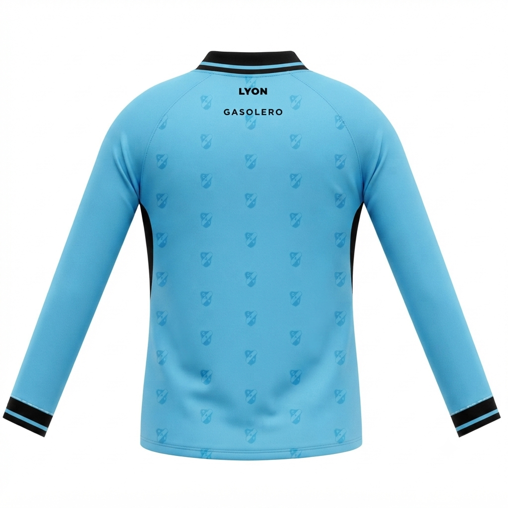 Camiseta deportiva azul claro de manga larga con cuello y puños negros, con pequeños logotipos en el pecho.