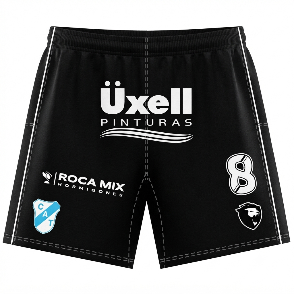 Pantalones cortos deportivos negros con logotipos blancos y texto del patrocinador en la parte delantera.