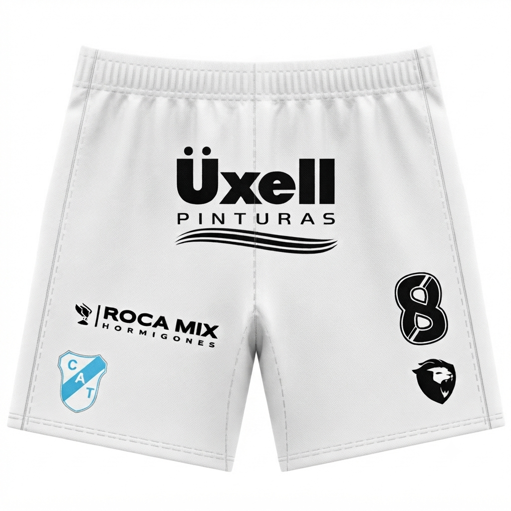 Pantalones cortos deportivos blancos con logotipos de patrocinadores en negro y el número 8 impreso en la pierna derecha.