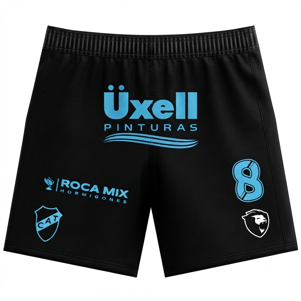 Pantalones cortos deportivos negros con logotipos de patrocinadores en azul y blanco en la parte delantera.