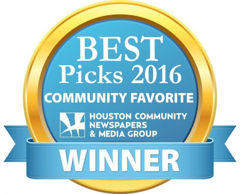 Blue and gold award badge reading “Best Picks 2016 Community Favorite Winner” from Houston Community Newspapers & Media Group