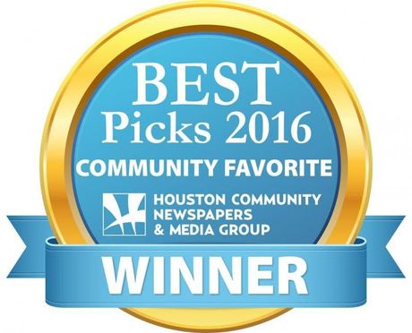 Blue and gold award badge reading “Best Picks 2016 Community Favorite Winner” from Houston Community Newspapers & Media Group