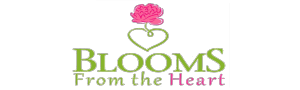 Blooms From the Heart logo with pink flower and green heart-shaped stem on white background