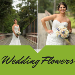 Bride holding bouquet on a bridge beside a close-up portrait, with “Wedding Flowers” text.