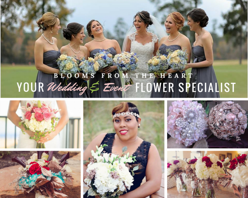 Wedding florist collage with bridal bouquets, centerpieces, and women holding floral arrangements
