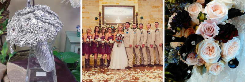 Wedding collage: silver bridal bouquet, group wedding photo, and white-and-black floral arrangement